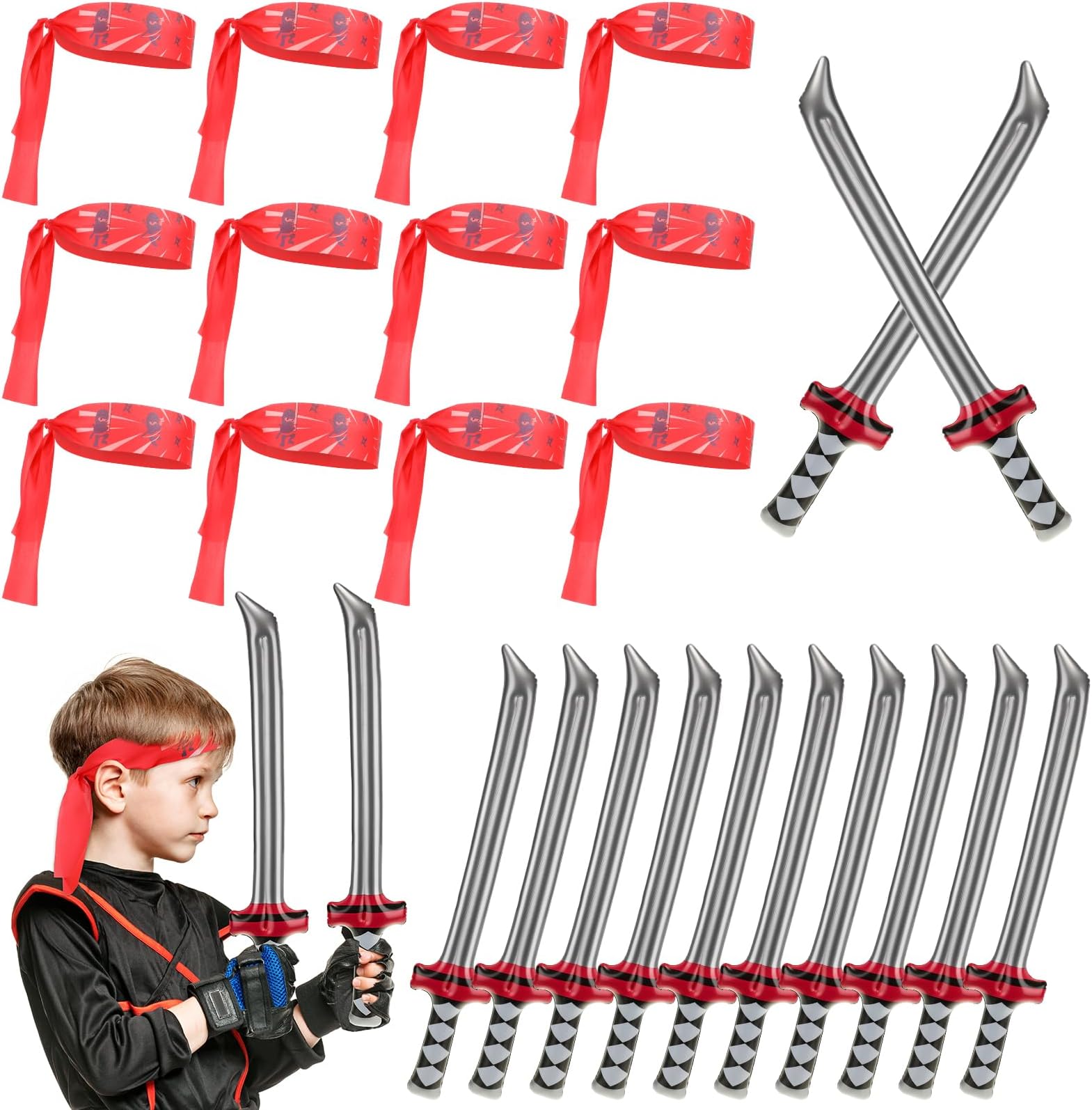 Poen 24 Pcs Ninjas Party Favor Include 12 Pcs Inflatable Ninja Katana Swords 12 Pcs Ninja Headbands Blow up Samurai Sword Foam Ninja Toy Costume Accessories for Girls Boys Birthday Ninja Party Cosplay