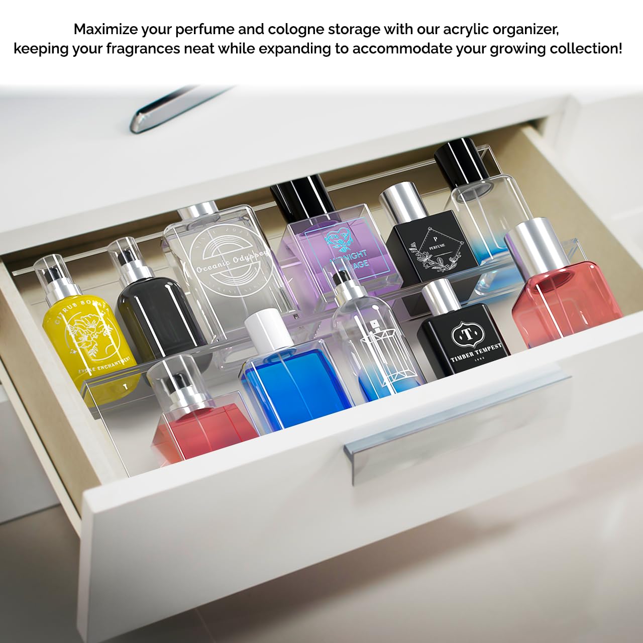 Marketing Holders 12 Pack Drawer Organizer for Eau de Parfume and Colognes Clear Acrylic Made in the USA Mens or Womens Storage Solution for Closets Vanities and Dresser Drawers