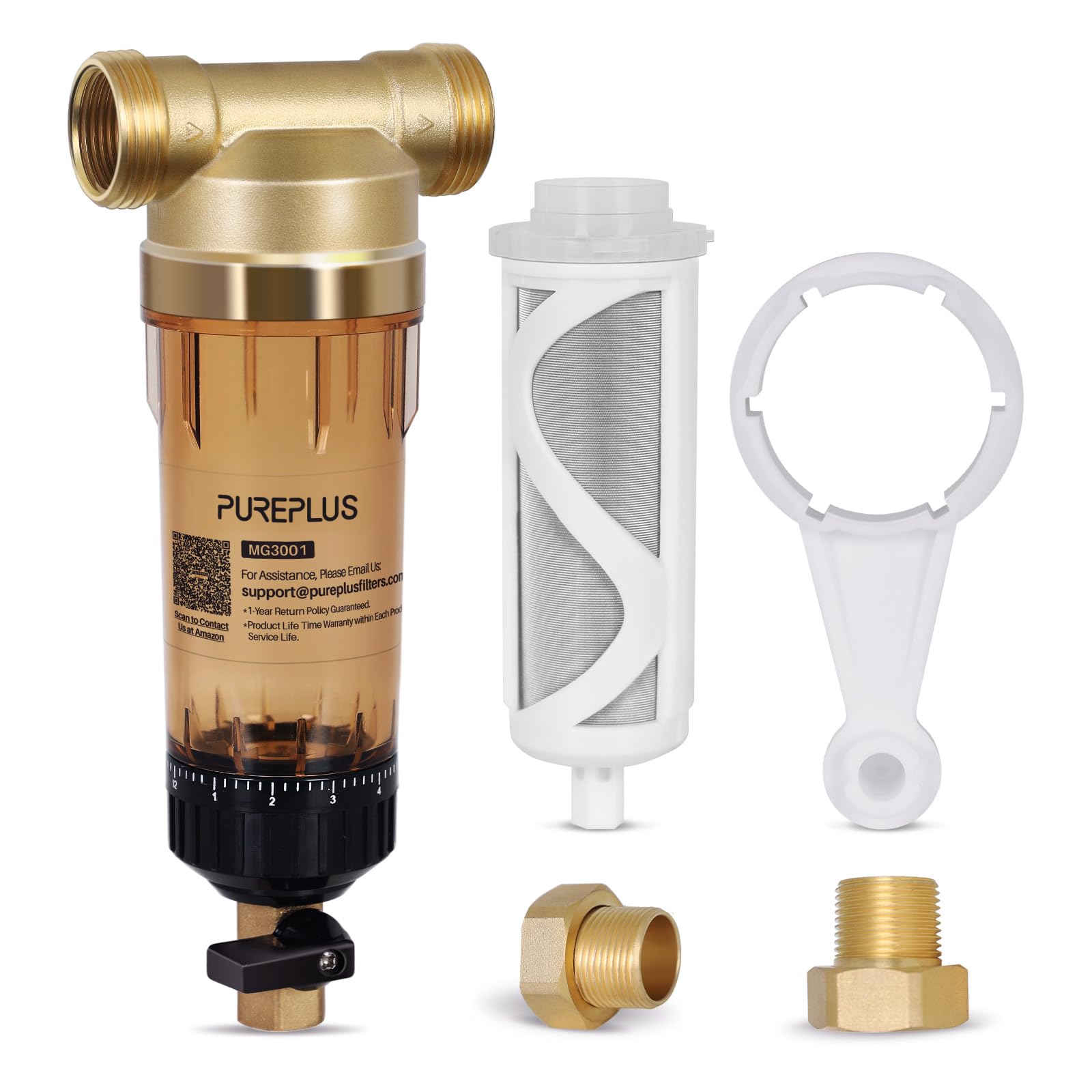 PUREPLUS 40 Micron Whole House Spin Down Sediment Water Filter With Scrapper, Reusable Flushable Pre-Filtration System for City/Tap water, 1" MNPT + 3/4" FNPT + 3/4"MNPT, Brass, BPA Free, USA Tech