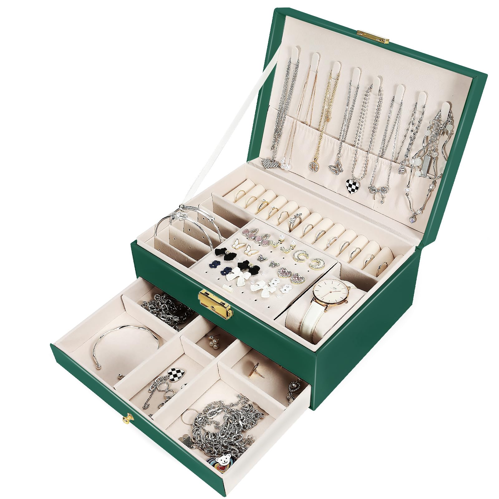 LeerweiiJewellery Box Large 2 Tier Velvet Jewellery Box with Drawer, Jewellery Organiser Girls for Rings, Earrings, Necklaces and Watches, with Lock and Key, Dark Green