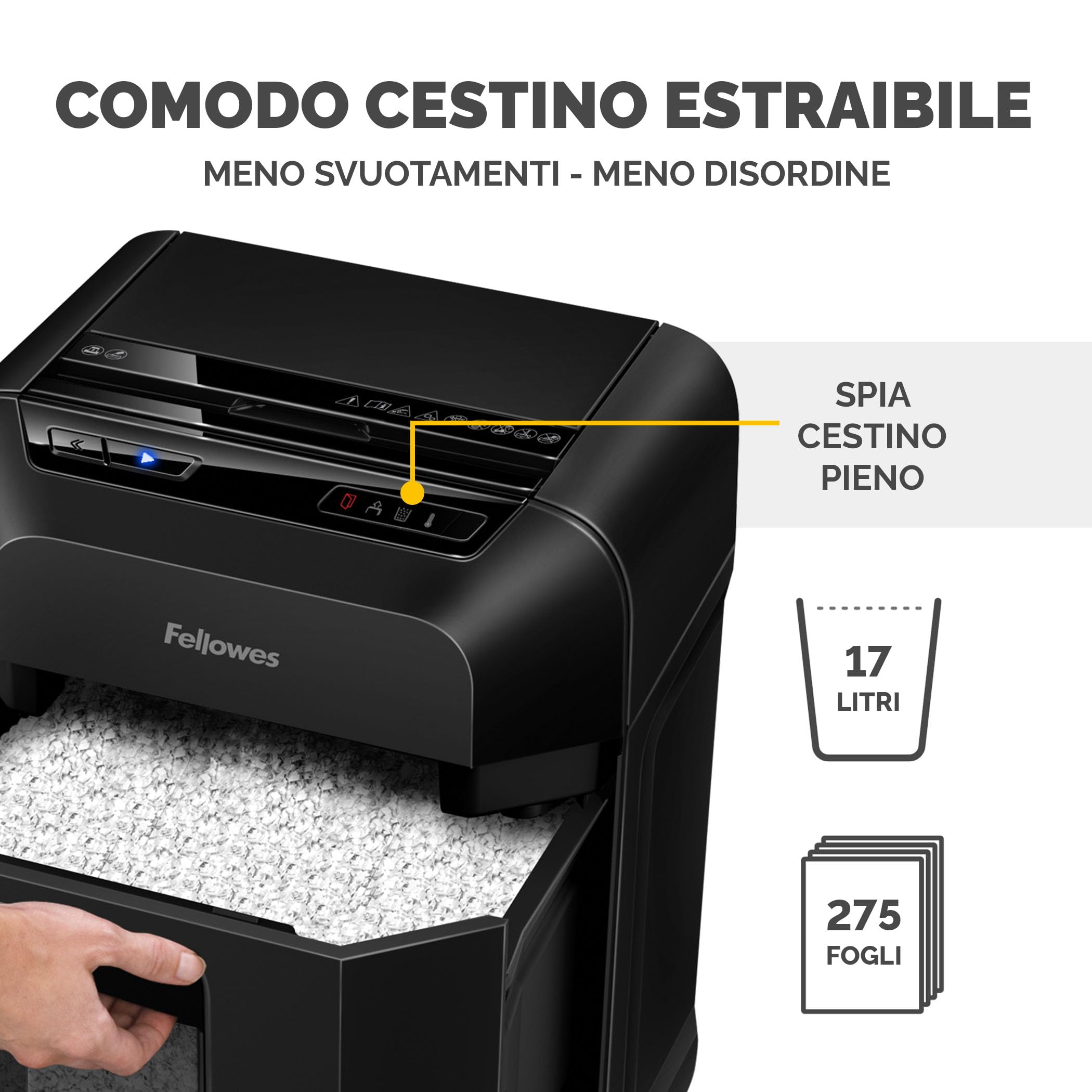 Fellowes Distruggi documenti AutoMax 90M a miniframmento, 90 fogli in modalità automatica, 9 fogli manuale, per casa e piccolo ufficio, cestino da 17 litri, modalità riposo, sicurezza P4, nero