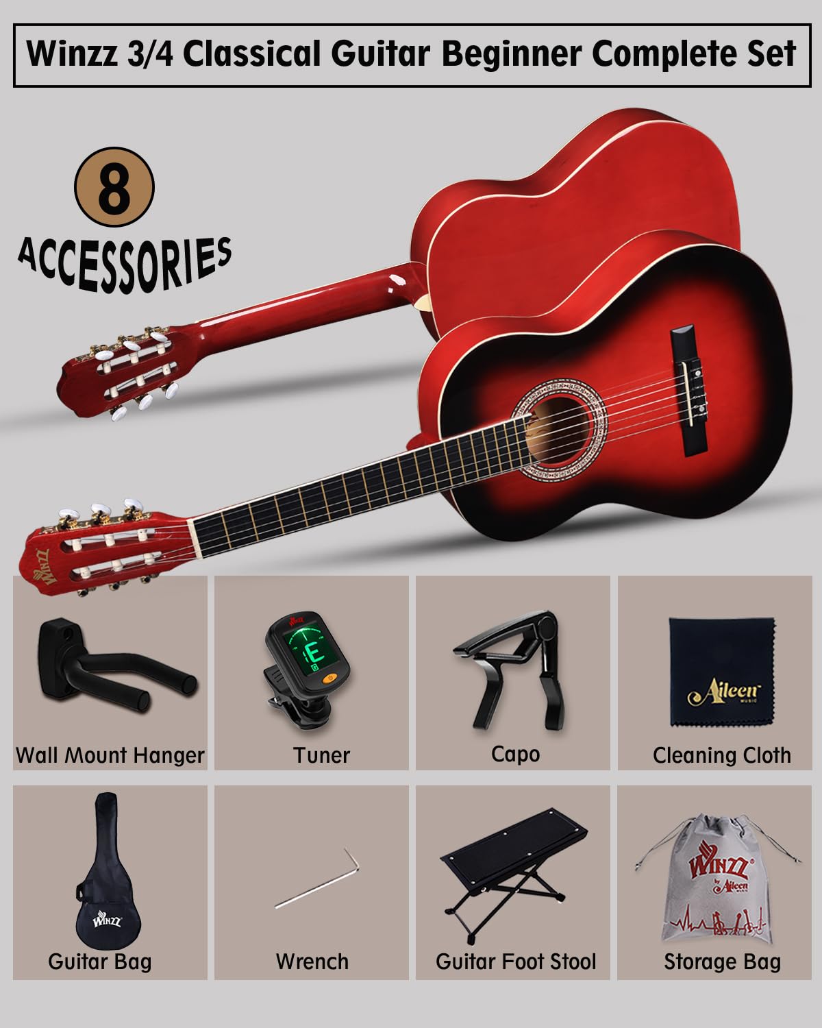 Winzz Gitara koncertowa 3/4, klasyczna gitara dla początkujących dla dzieci - czerwona błyszcząca (36 cali)