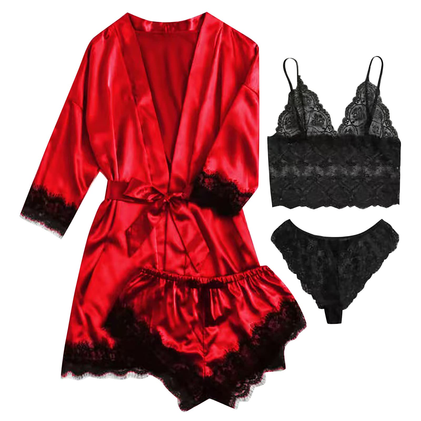 4Pcs Silk Satin Pajamas Sets for Women S-XXL Sexy Lingerie Pajama with Robe Set Lace Pjs Bra and Panty Soft Sleepwear