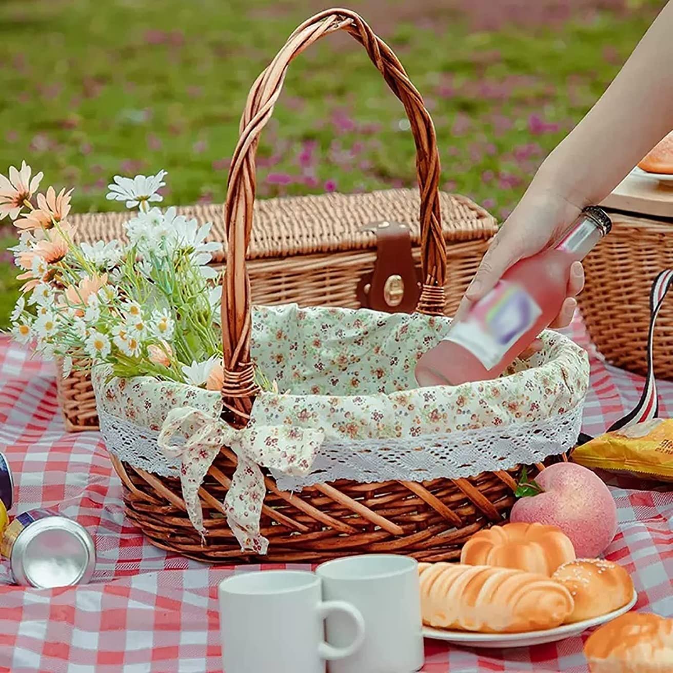 Dekoracja Kuchenna Kosz Piknikowy Na Mocny Warkocz Z Zmywalną Podszewką Przenośny Ręcznie Robiony Kemping Imprezy Plenerowe(43 * 12 * 42cm)