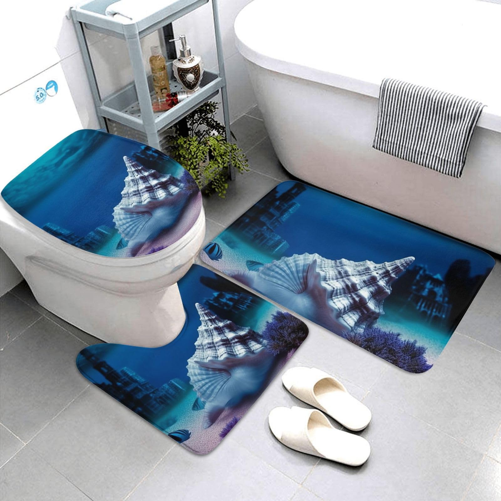 Dwrepo Underwater World Shell Print Bathroom Rug Set 3 Piece with Non-Slip U-Shaped Contour Mat and Toilet Lid Cover for Bathroom Decoration