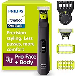 Norelco Philips OneBlade Pro 360 Face + Body, barbeador elétrico, aparador de barba e aparador corporal, com tecnologia de lâmina 360, pente de precisão de 14 comprimentos, kit corporal, bolsa macia