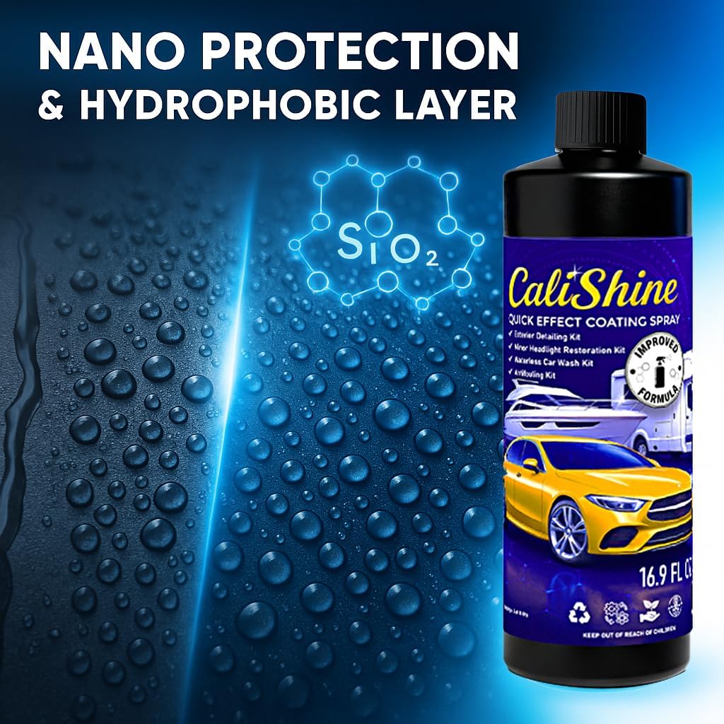 CaliShine Quick Effect Coating Spray - 16.9 fl oz Waterless Ceramic Car Wax Coat - Detail Polish & Cleaner for Cars Boat Body & Glasses, Window Glass and Headlight - Shine Restoration Kit (1000 ml)