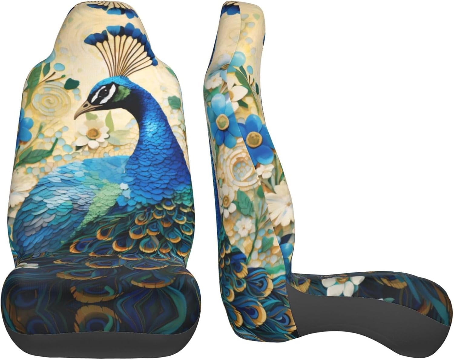 Universal Blue Peacock Standing Among Flowers Printed car seat Covers are Suitable for Most Seats in Trucks, Vans, and Other Similar Vehicles.