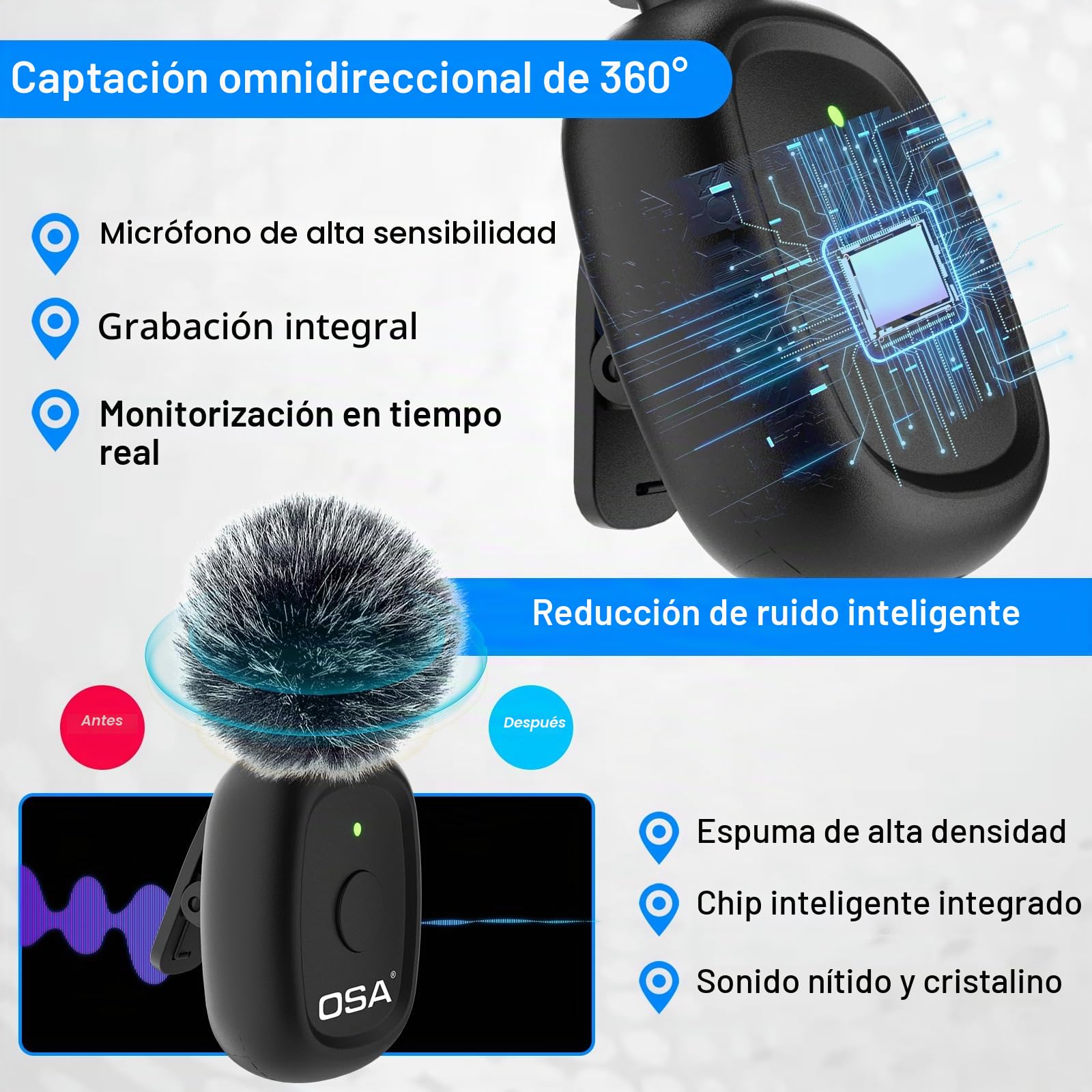 OSA 3 en 1 microfono inalambrico para cámara, iOS, Android y portátil, 8H Long Working Time Lapel Mic con reducción de Ruido para grabación de vídeo, Vlog, Youtube, TikTok