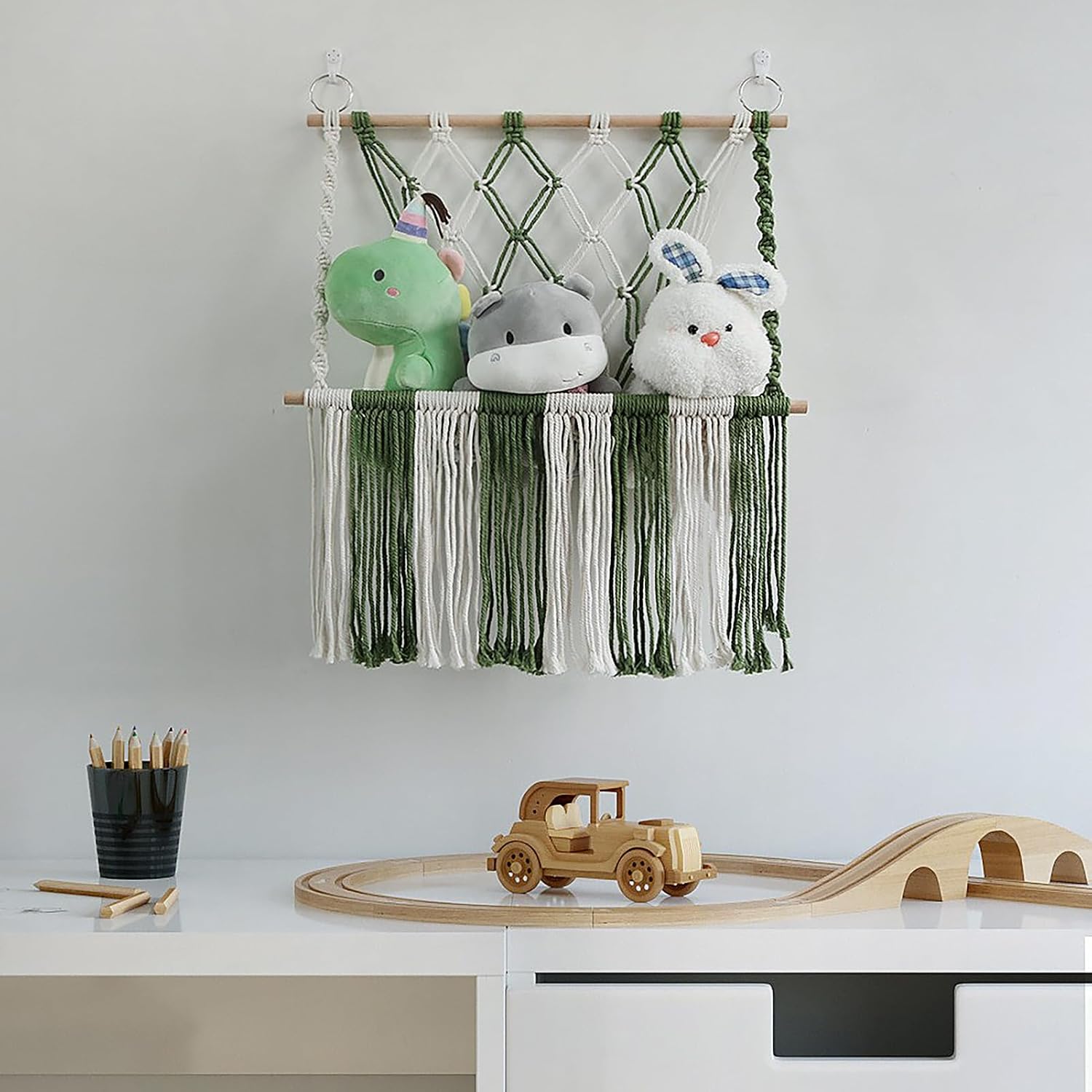 Macrame Stuffed Animal Toy Net Bag, Macrame Woven Wall Hanging, Macrame Stuffed Animal Storage Hammock with Wooden Holder, Boho Stuffed Storage Organizer Net (B)