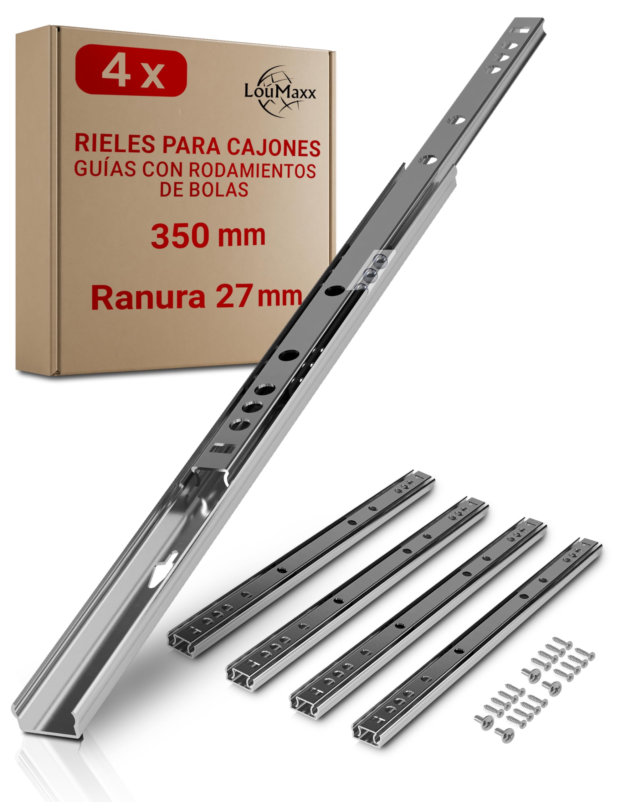 LouMaxx Juego de 4 rieles para cajones con ranura de 27 mm, rieles de mm, sistema de rieles para cajones con extracción parcial para ranura de 27 mm (L = 350 mm, 4, Unidad)