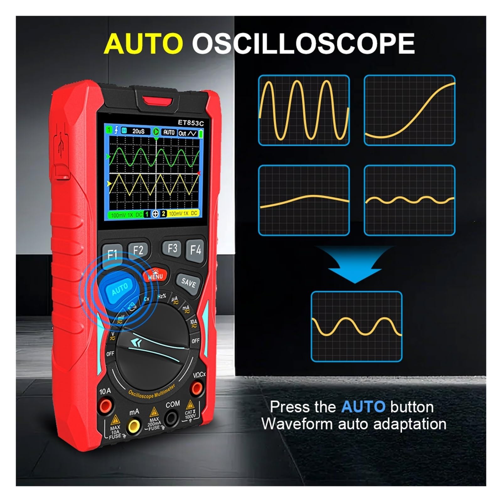 Osciloscopio digital, Osciloscopio portátil de 2 canales 70 MHz, multímetro profesional y herramienta generadora formas onda