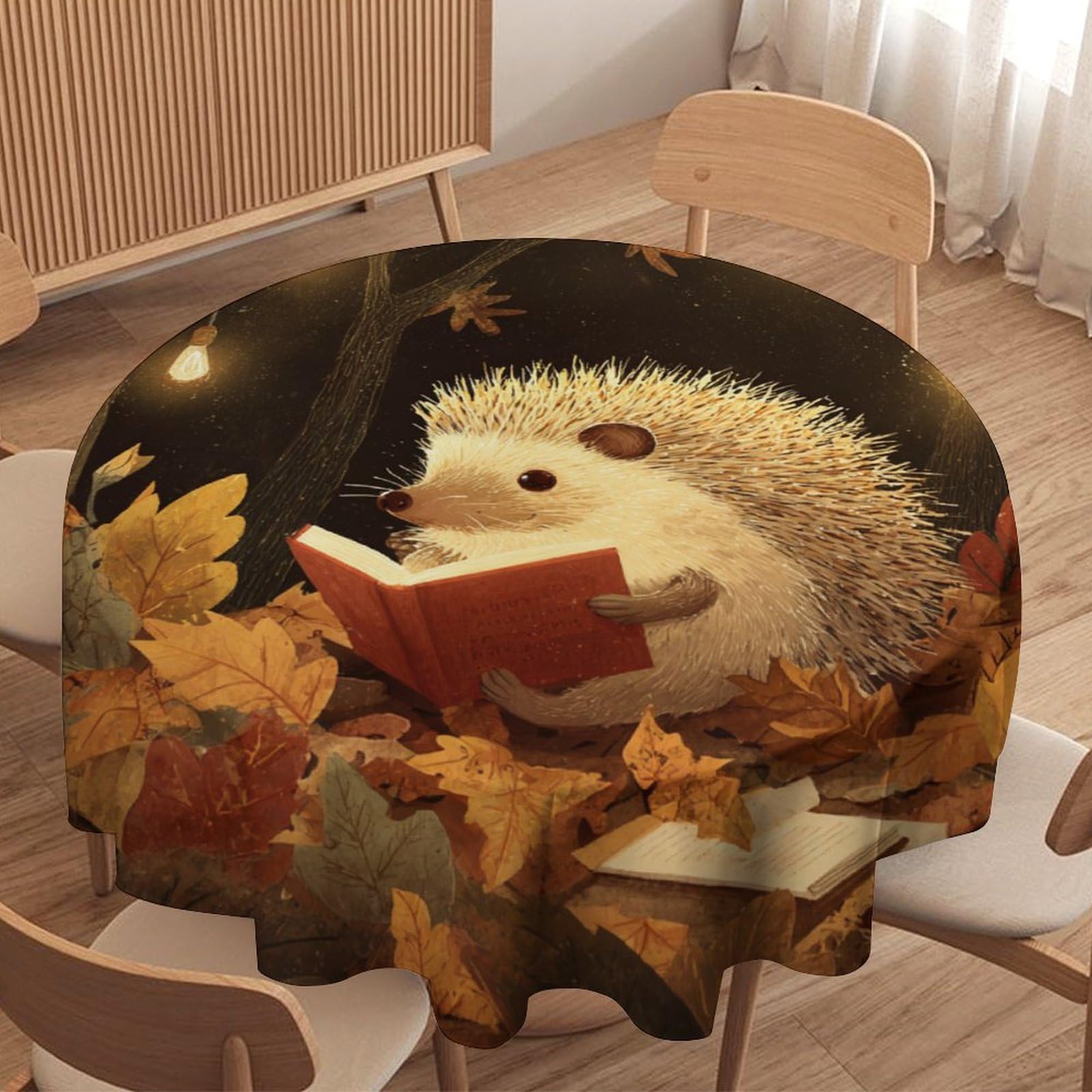 LUYYSKY Classic Anime Cute Hedgehogs Round Tablecloth Beautiful Oil Painting Autumn Plants Maple Leaves Animals Hedgehogs Washable Decor for Table Cover for Kitchen-177.8" Wx177.8 L cm