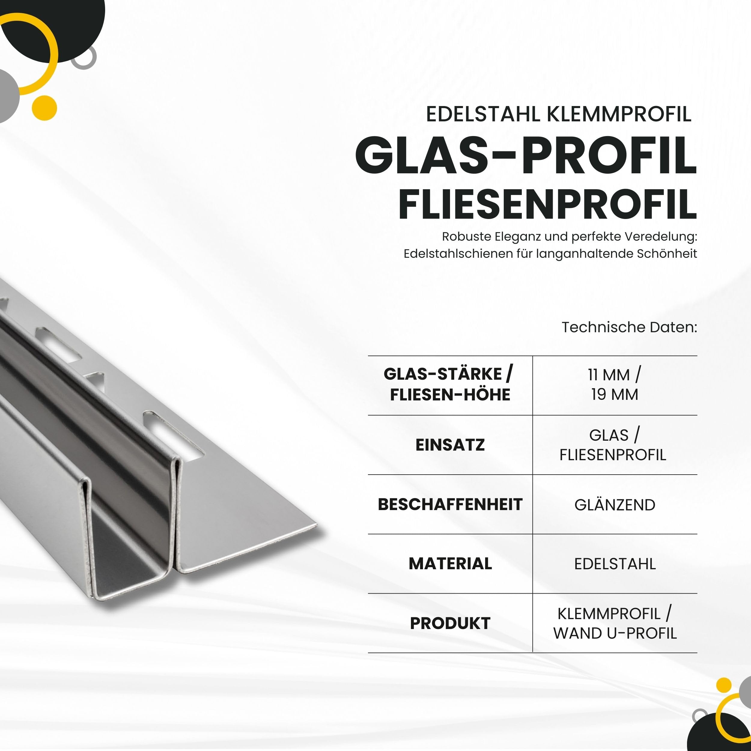 Glas-Fliesenprofil Edelstahl Klemmprofil Wandprofil V2A 2m 19mm 11mm