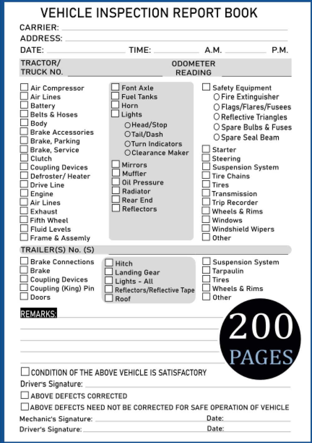 Driver Daily Vehicle Inspection Report Book: Detailed Vehicle Inspection Checklist Log Book for Truck Drivers, 100 Report Sheets, 200 Single Sided Pages: Publishing, Sprintrip: Amazon.com: Books driver-daily-vehicle-inspection-report-book-detailed-vehicle-inspection-checklist-log-book-for-truck-drivers-100-report-sheets-200-single-sided-pages-publishing-sprintrip-amazon-com-books