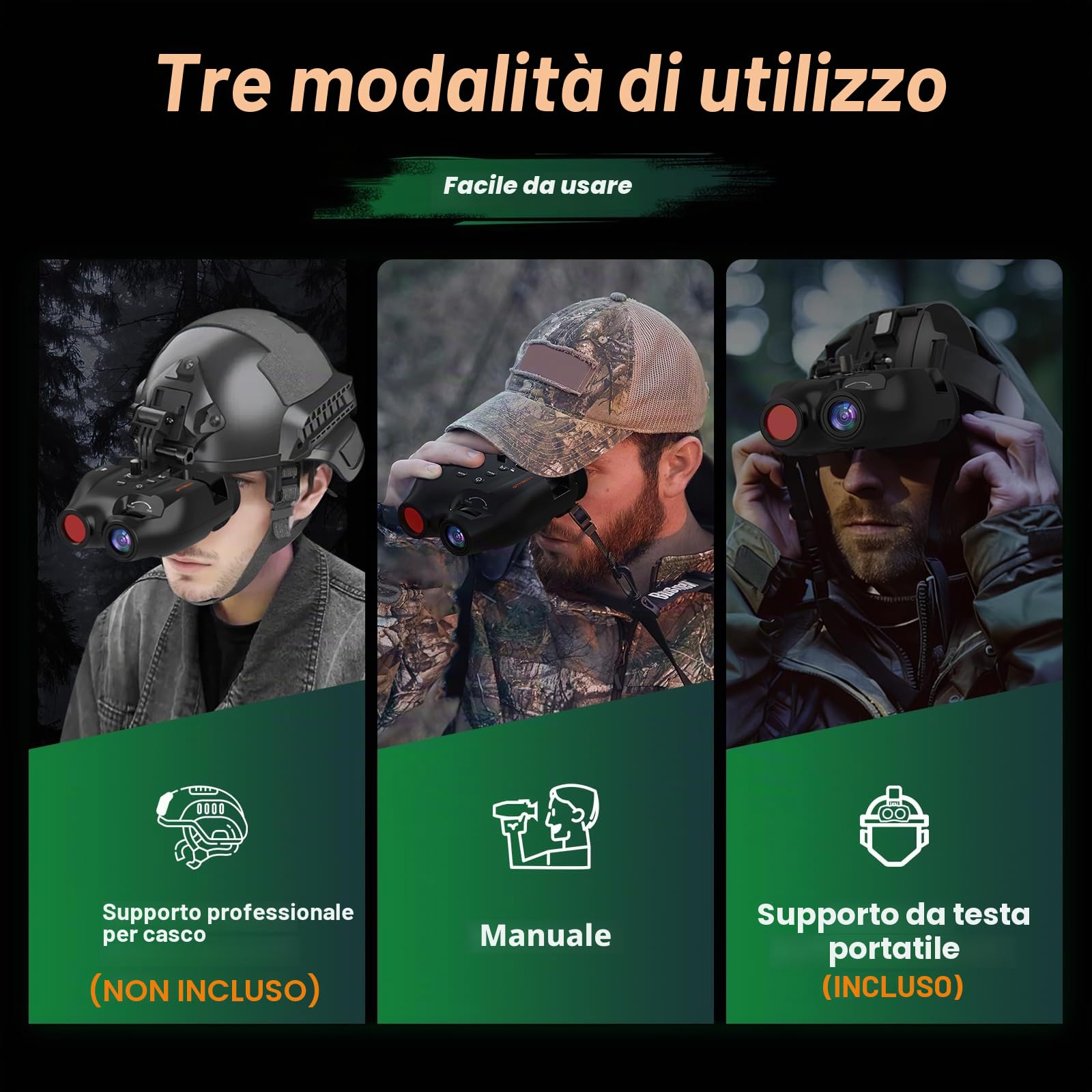 Visori notturni a testa per adulti. Binocolo digitale IR ricaricabile, portata 984 ft, zoom 5X. Mani libere con scheda 16GB TF. Foto/video,Fascia testa regolabile