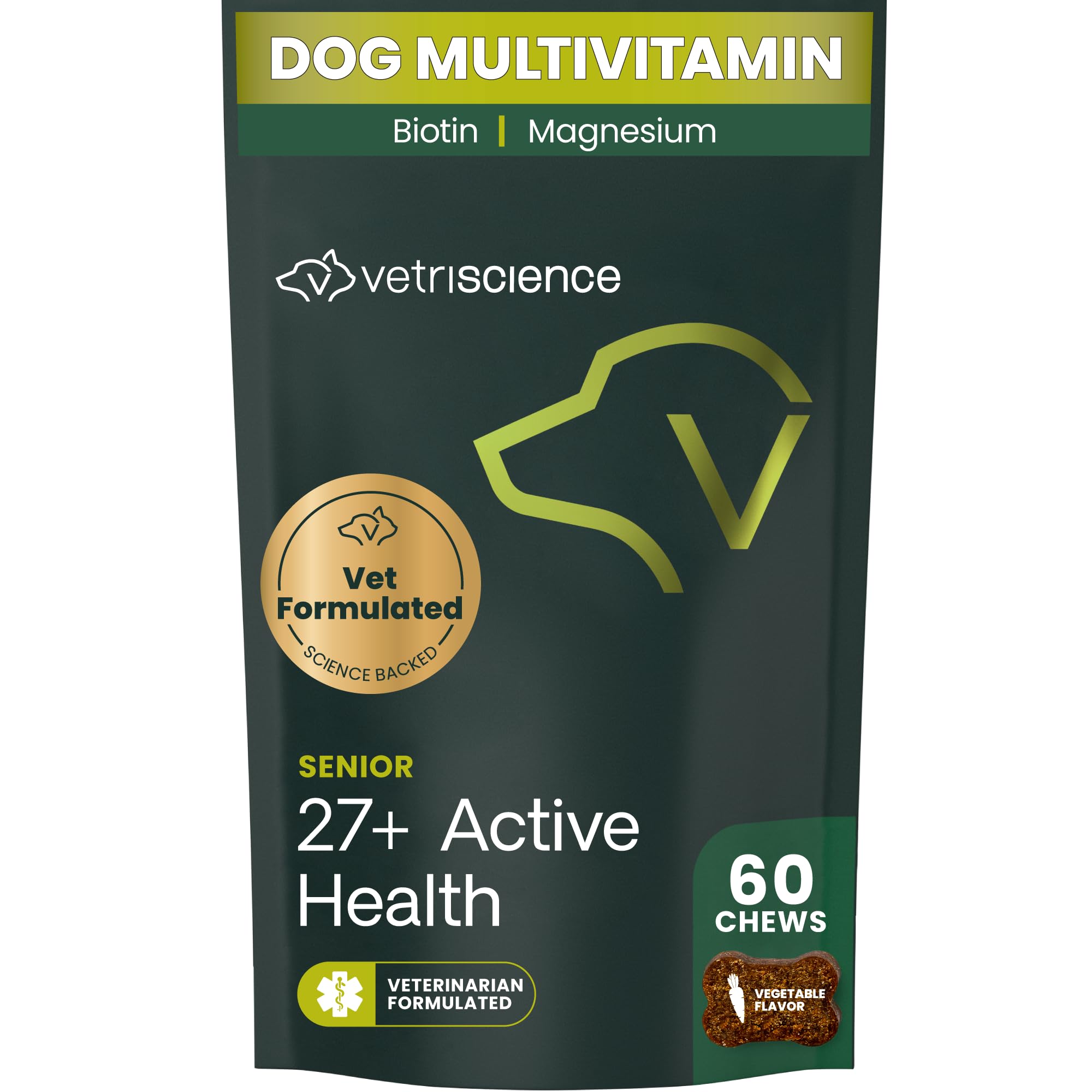 VetriScience Senior 27+ Active Health Chews, Canine Plus Daily Multivitamin for Senior Dogs, Balanced Vitamins, Minerals and Antioxidants, Healthy Aging and Wellness Support, Veggie, 60 Count