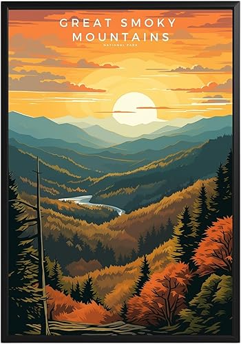 Póster del Parque Nacional de las Grandes Montañas Humeantes, arte abstracto de la pared, arte de pared de paisaje natural retro, impresiones