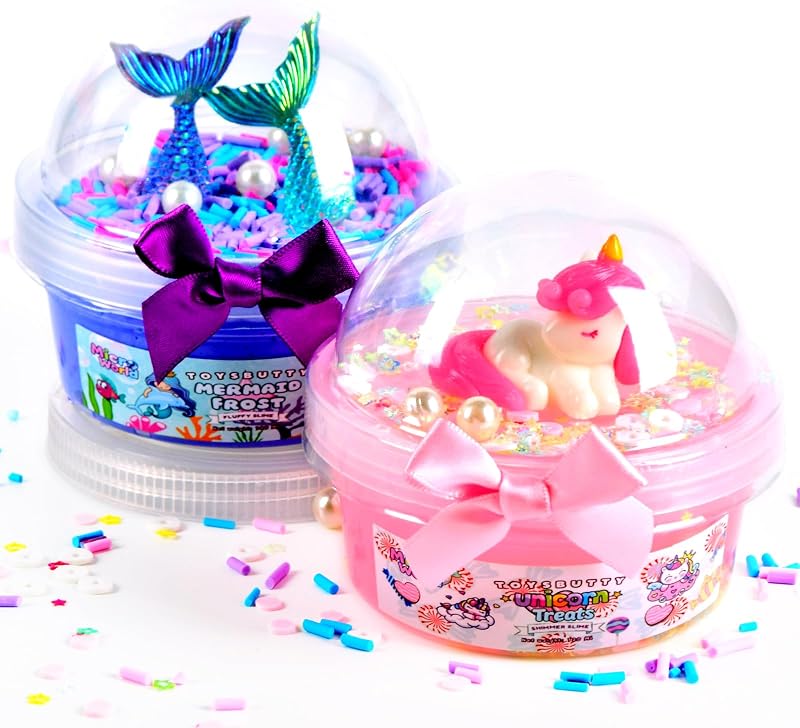 FINOCLAY Butter Slime kit, MicroWorld 2 Pack Clear & Fluffy Slime for Kids, Unicorn Mermaid Theme Party Favors with 6 Slime add ins, Unicorn Kids Toy Birthday Gifts for Girls Age 8-12