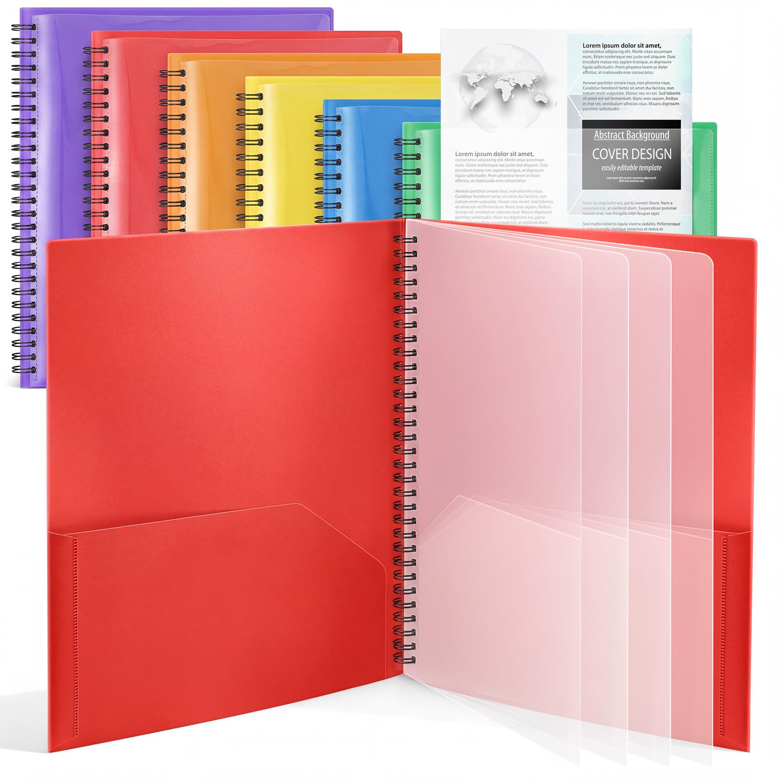 Seajan 6 Stück Ordner mit 10 Fächern, bunt, stabiler Kunststoff, Spiralbindung, Portfolio, mehrere Taschen, Organizer, Dokumentenmappen, Kunststoff-Spirale, Projekt-Organizer für Schule, Büro