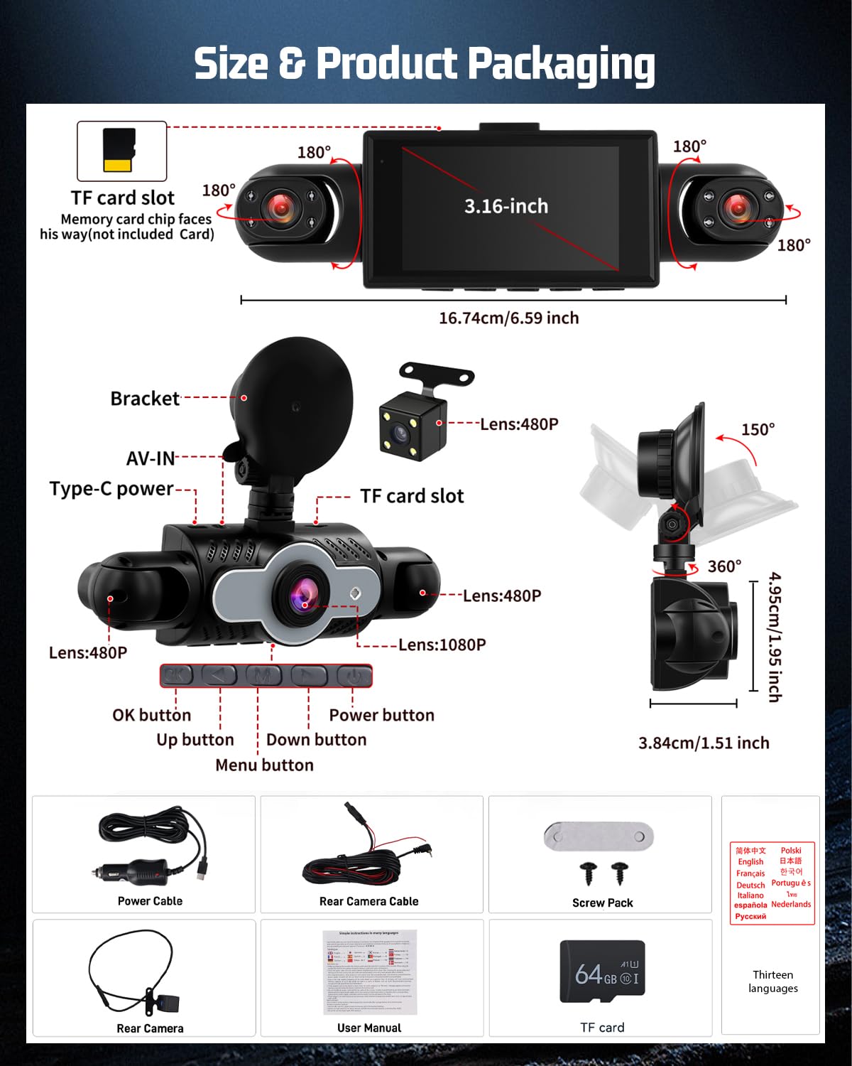 NHOPEEW 3 pollici 1080P 4 canali dash cam per auto, DVR 360°, Dash Cam con rilevamento del movimento, visione notturna, registrazione in loop e compensazione dell'esposizione
