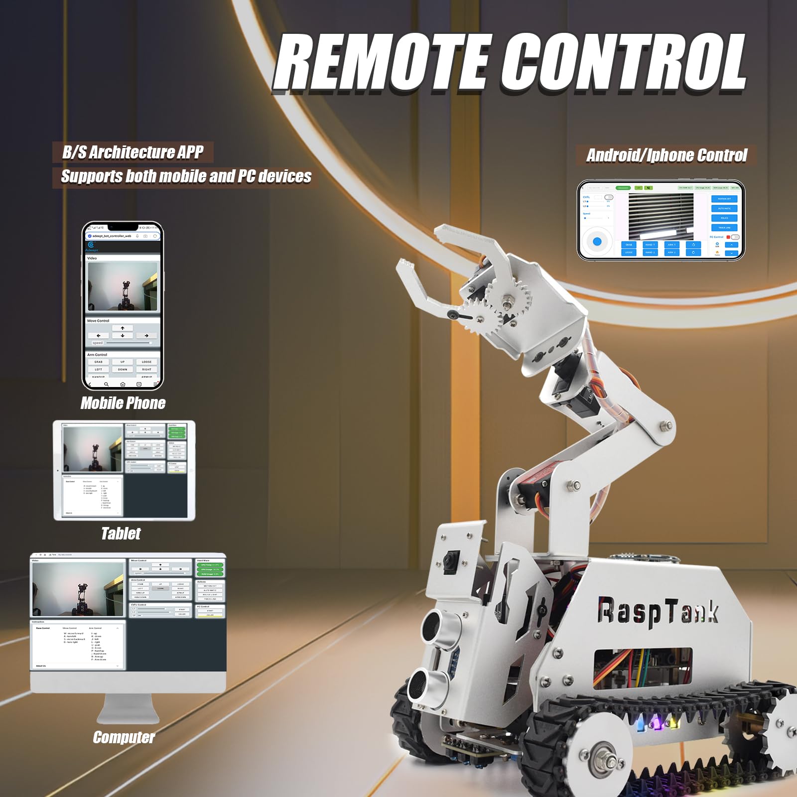 Adeept RaspTank Metall Smart Car Kit für Raspberry Pi 5/4B/3B/3B+(Board Nicht enthalten), Tank Tracking Roboter mit 4 DOF Roboterarm, OpenCV, Hindernisvermeidung, Linienverfolgung
