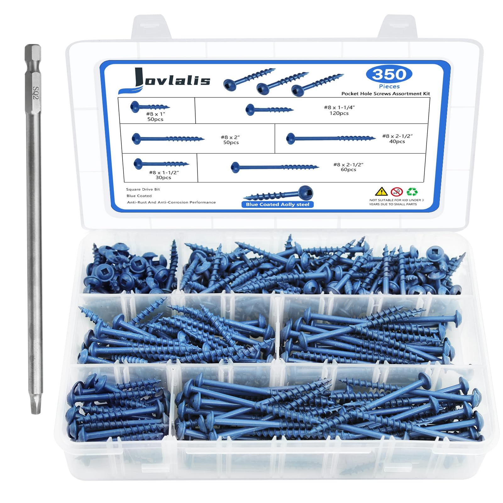 Kit surtido de 350 tornillos de agujero de bolsillo, 5 tamaños #8 x 1, 1-1/10.2 cm, 1-1/5.1 cm, 5.1 cm, 5.1 cm, 2-1/5.1 cm, juego de tornillos de madera de rosca gruesa autorroscantes de accionamiento