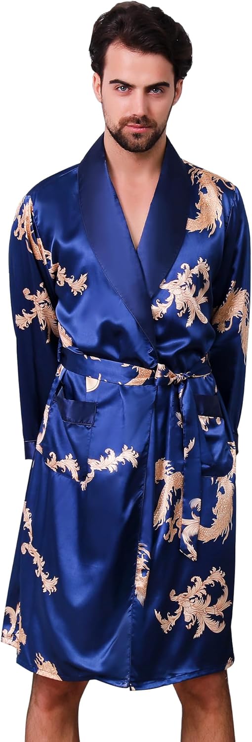 Haseil Men's Satin Robe Dragon Luxurious Silk Spa Long Sleeve House Kimono Bathrobe