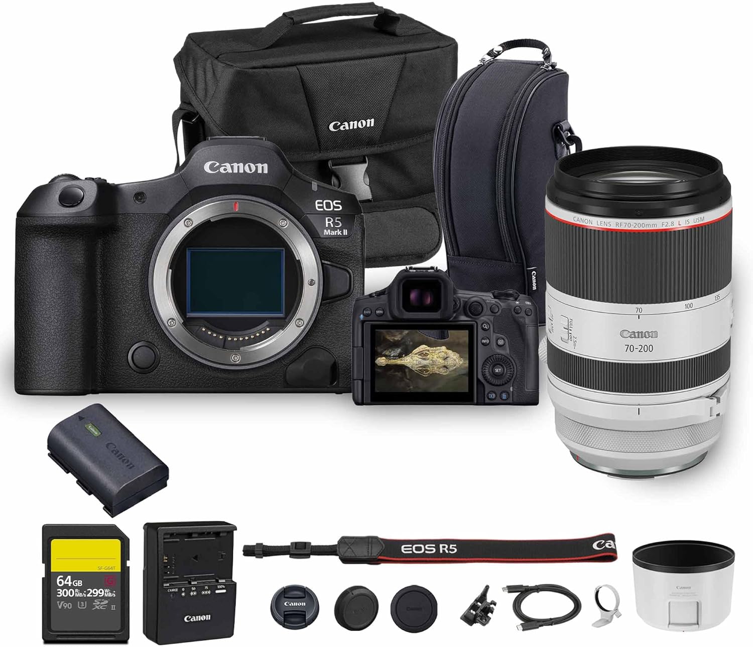 Canon EOS R5 Mark II Mirrorless Camera | 45MP Full Frame Sensor 8K Video Recording | Advanced IBIS Autofocus for Professional Creators (6536C002) + Canon RF 70-200mm Lens + 64GB Card + Canon Bag