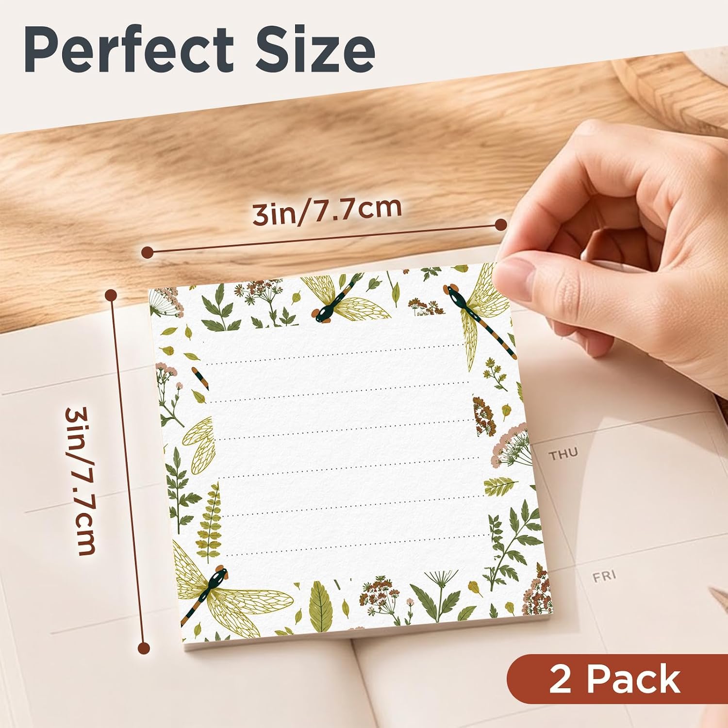 Lined Sticky Notes 3x3 Inches, Cute Self-Stick Pads with Lines, Funny Self-Sticky Note Pads for Office, Home, Organization Cute Green Dragonfly Leaf image 2