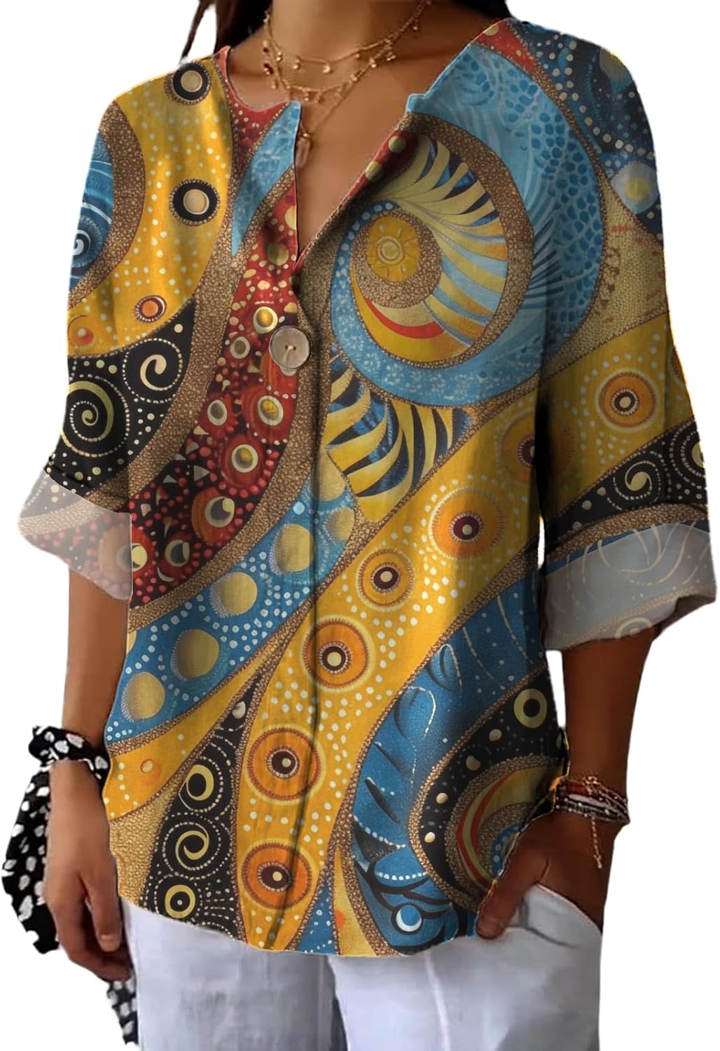 Long Sleeve Shirts for Women V Neck Button Boho Graphic Blouses Casual Collared Fashion Summer Flowing Tops