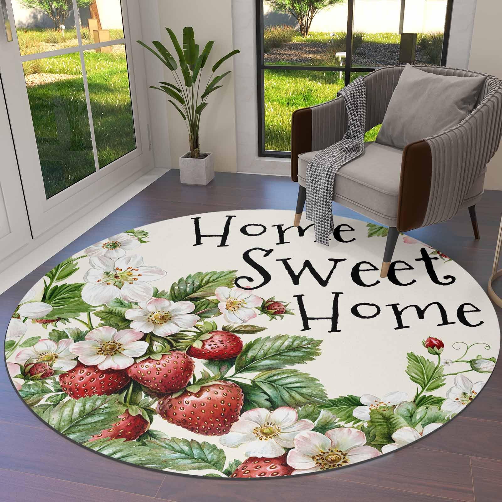Spring Round Rug 5Ft, Summer Fruit Strawberry Flower Soft Round Area Rug Machine Washable Non-Slip Circle Rug Carpet Inoor Throw Rug for Living Room