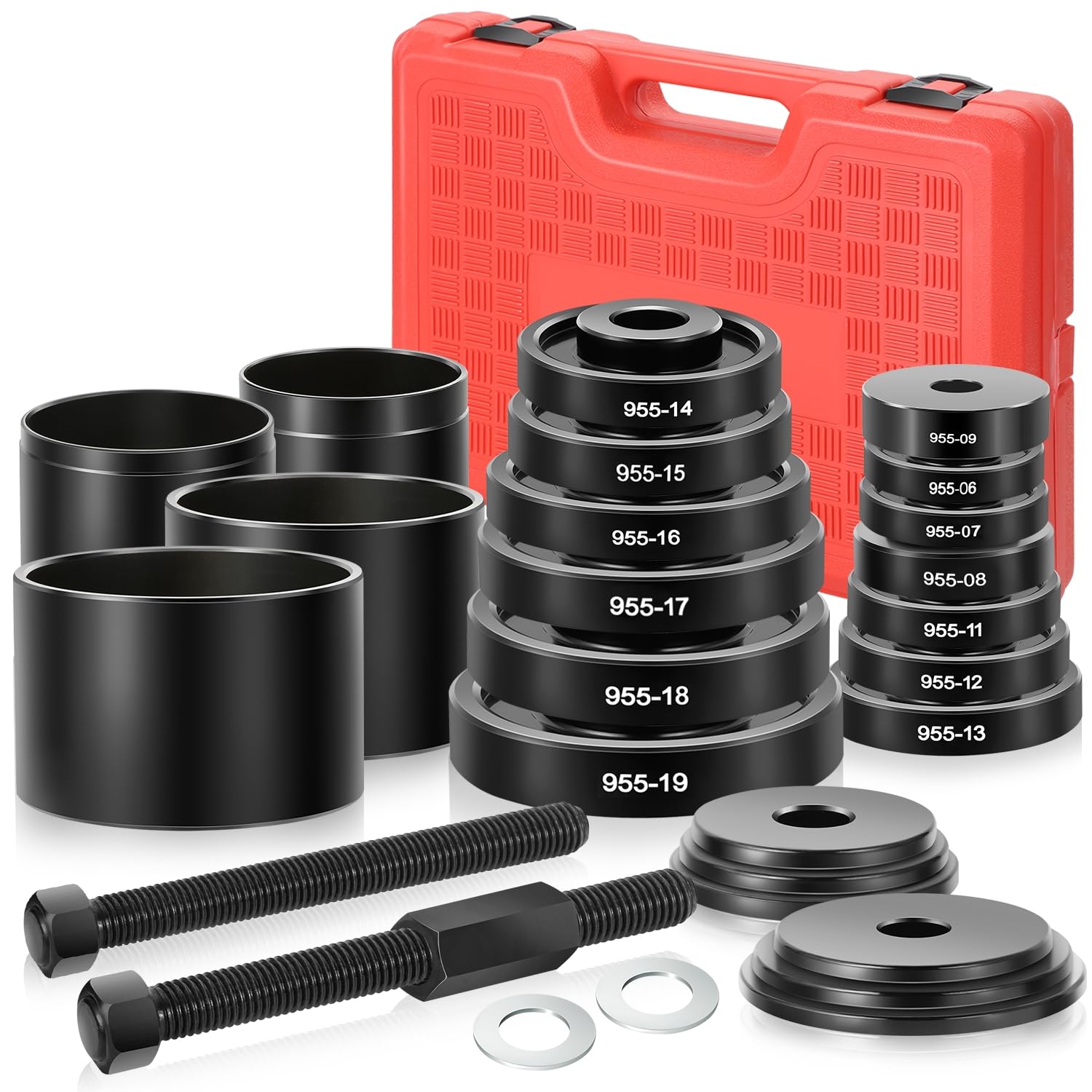 Auto Dynasty 17pcs Wheel Bearing Puller Tools Set Front Wheel Set Press Kit Bushing Sleeve Bearings Kit for SUV, Van, Pickup Truck, Red