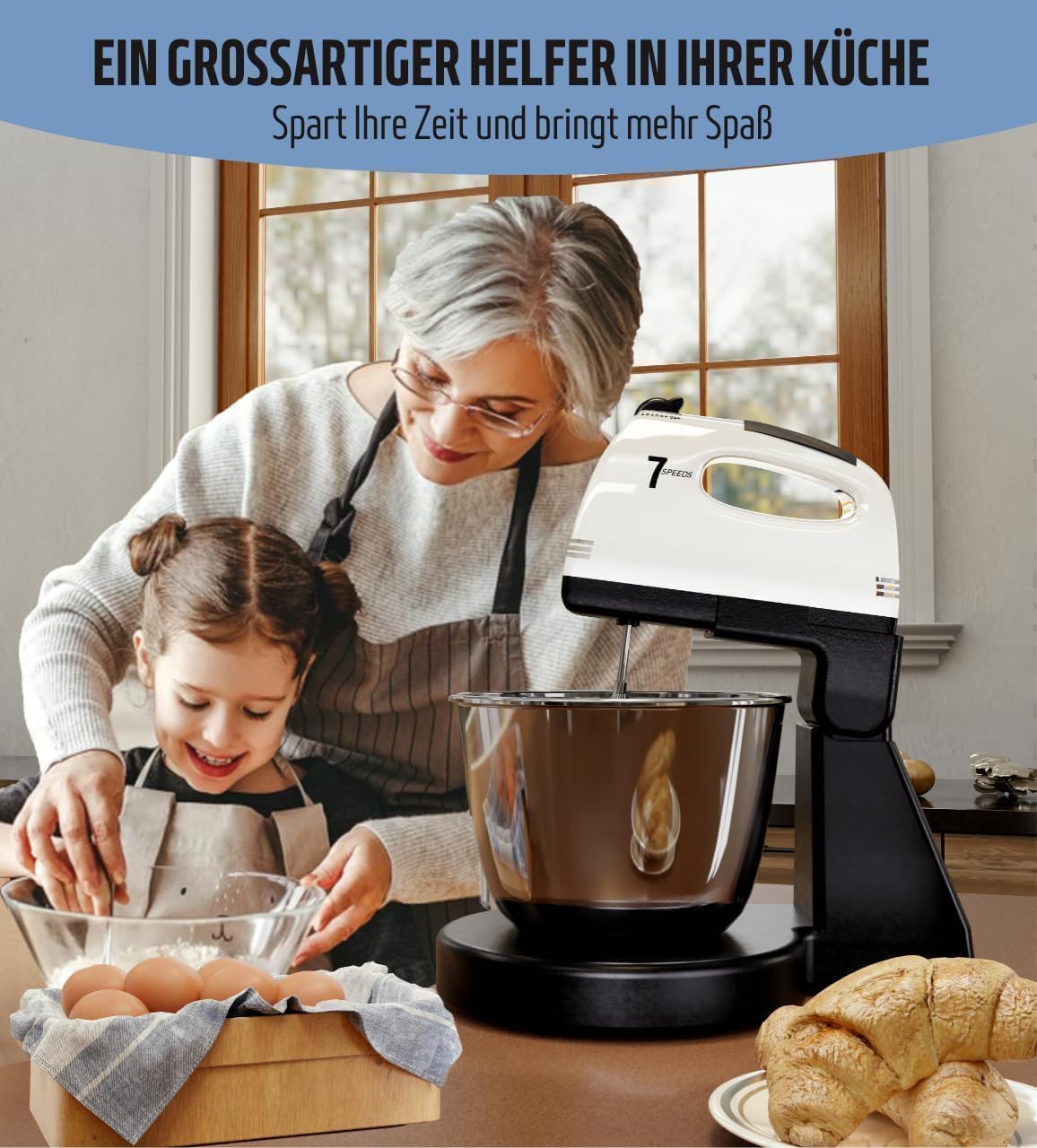 Stand Mixers, 7 Speeds With 3QT Stainless Steel Bowl, Stand and Hand Mixer with Dough Hook, Whisk, Mixing Beater for Baking, Cake, Cookie, Kneading (AL2)