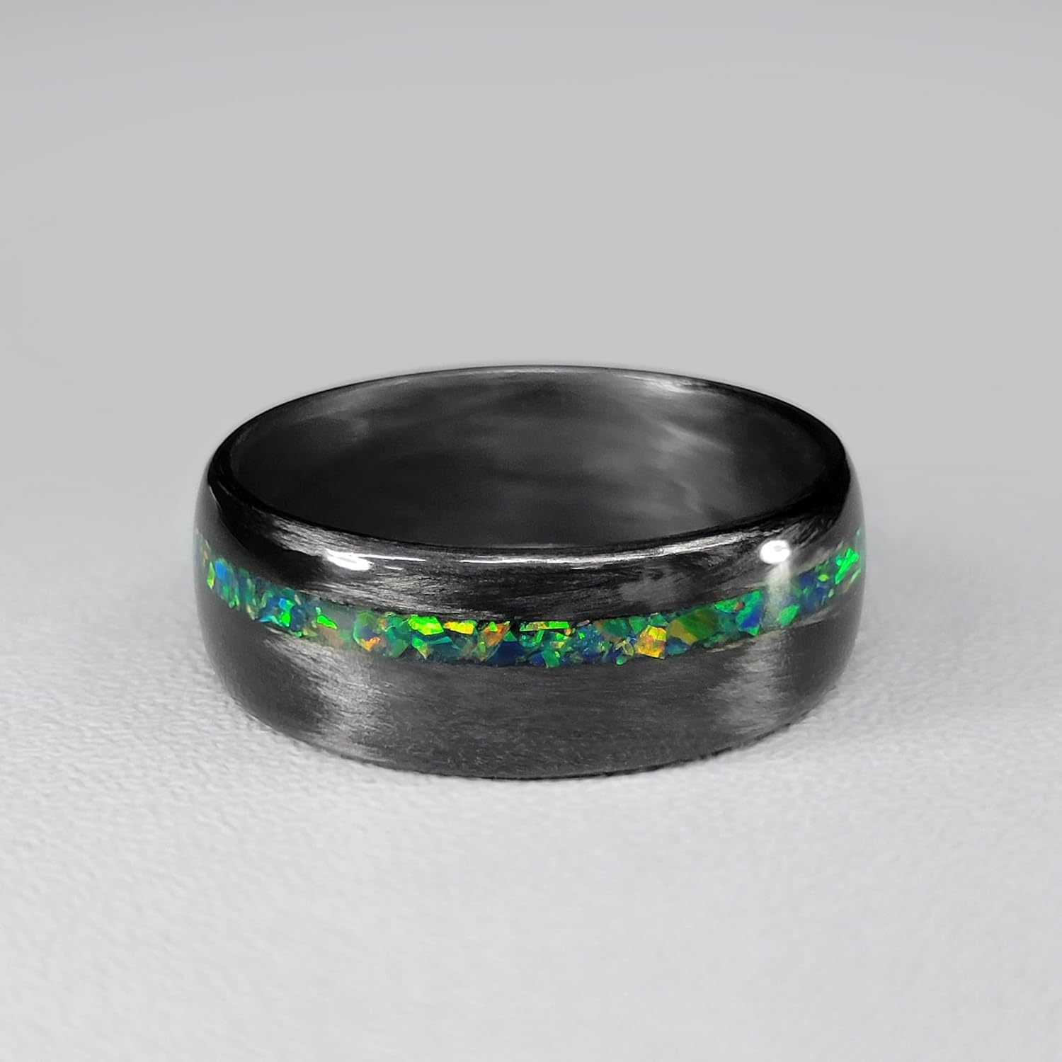 Carbon Fiber Wedding Ring with Emerald Opal Inlay, High Gloss, Handmade in USA
