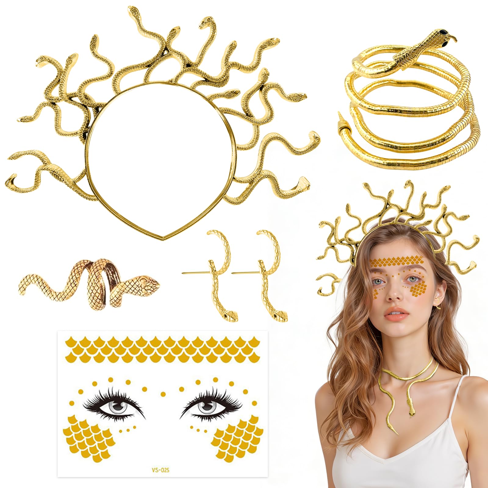 Snake Headpiece, 5 Pieces Medu-Sa Jewellery Accessories, Snake Accessories, Necklace + Headband + Face Tattoo + Earrings + Ring Jewellery Set Cosplay Festival Fancy Dress