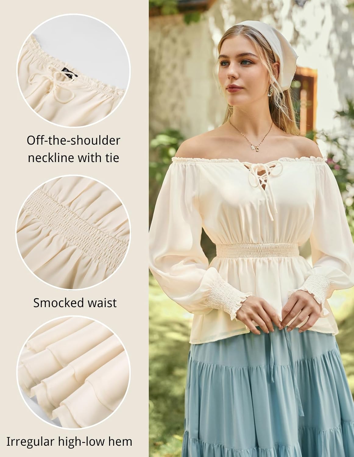 Scarlet Darkness Womens Renaissance Shirt Peasant Off Shoulder Tops Smocked Waist Long Sleeve Blouse - Image 3
