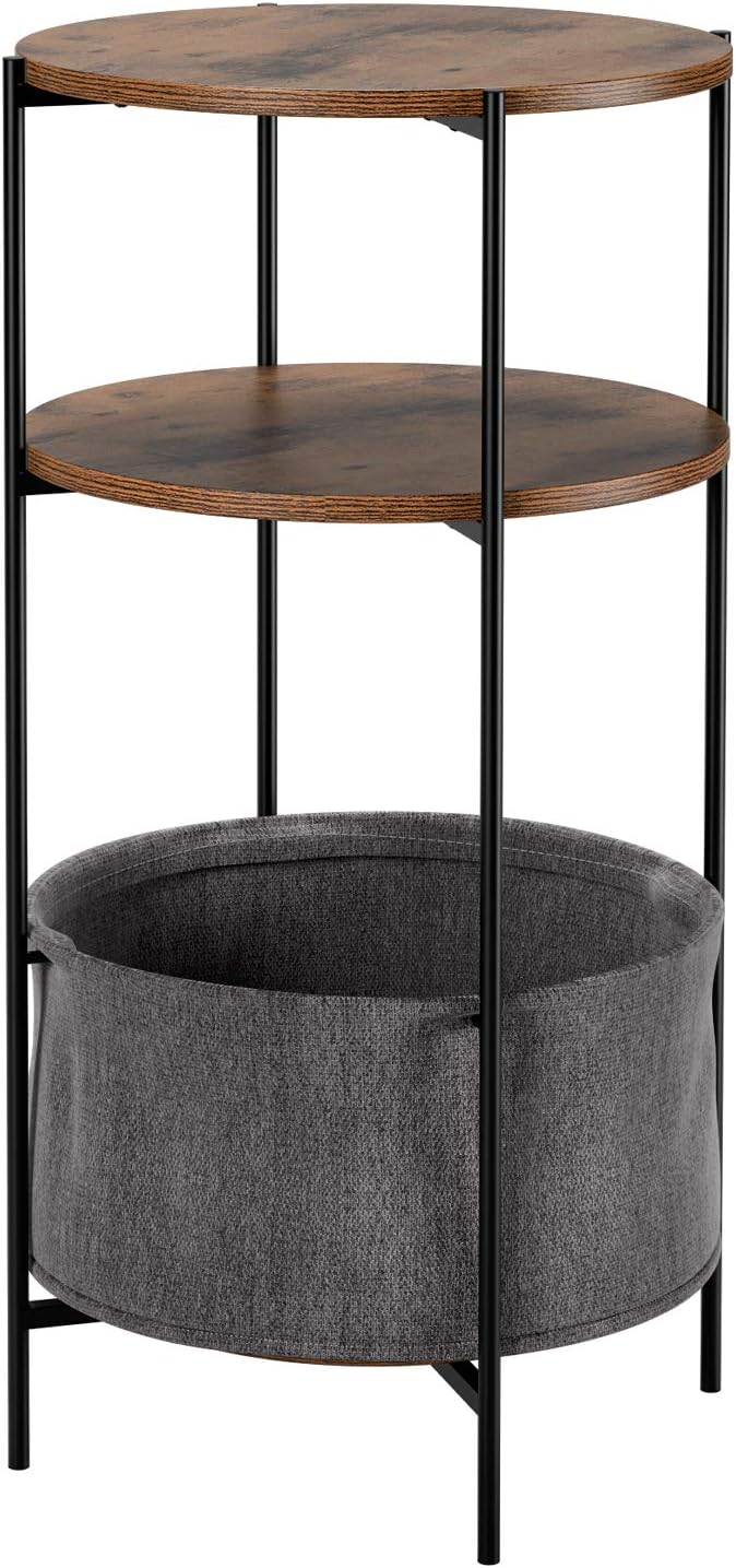 Homfa Vintage Round End Table, 3-Tier Industrial Side Table Night Stand with Storage Basket Wood Look Accent Furniture with Metal Frame