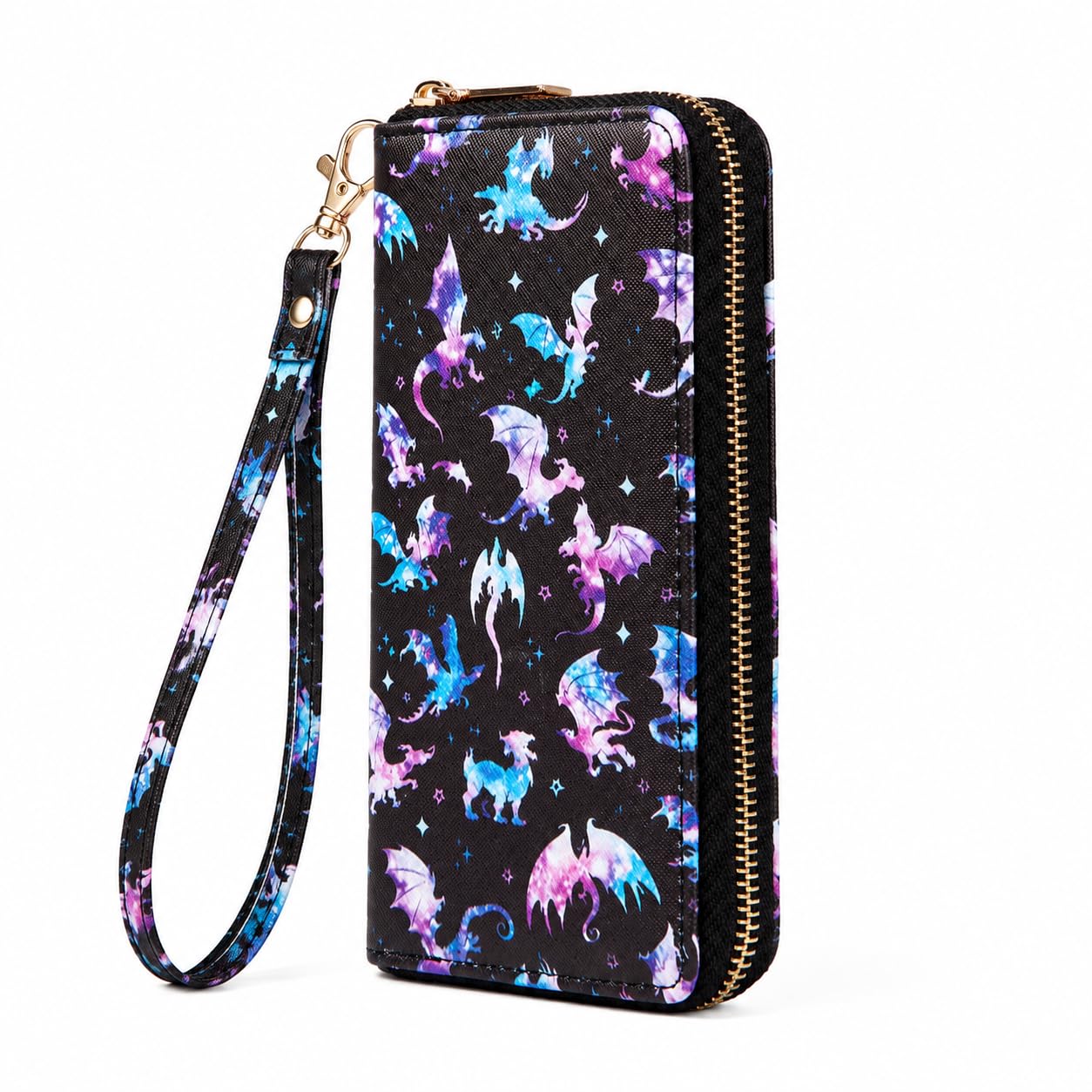 Purple Galaxy Dragon Wallet – Women’s Zip Around Female Wallet with Detachable Strap, Large Capacity Ladies Wallet, Fantasy Dragon Purse