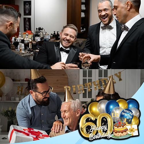 Miniatura 5 de ERHACHAIJIA 20 tarjetas de invitaciones rellenas en forma de pastel y globos azules y dorados con sobres, divertidas invitaciones de cumpleaños 60