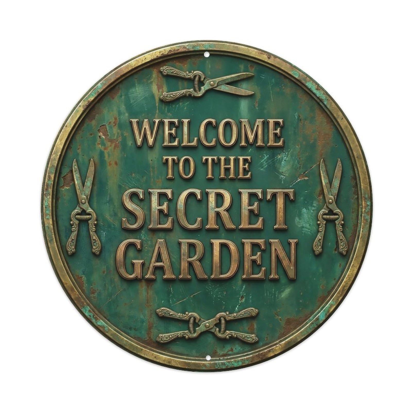 Vintage Welcome Secret Garden Brass Jade Brushed Metal Tin Sign