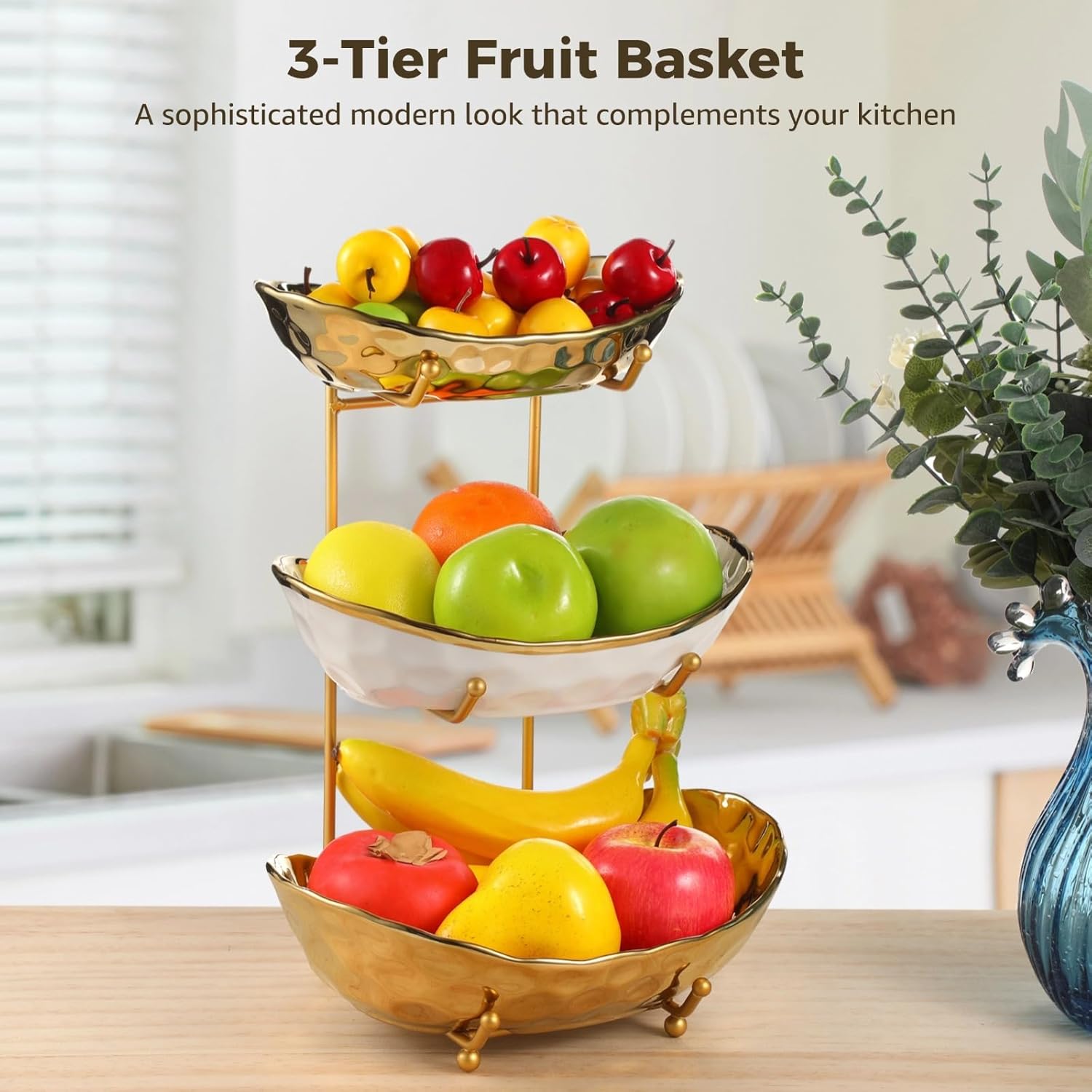 3 Tier Fruit Basket for Kitchen Counter, Large Ceramic Fruit Bowls, Elegant Gold-Plated Stone Pattern, Space-Saving, Easy to Clean