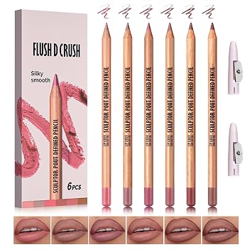 6 Colors Lip Liner Set Rose Red Lip Liner Pack, Natural Matte Finish, Smooth Long Lasting Lip Liner Pencil with 2 Sharpeners-Set 01