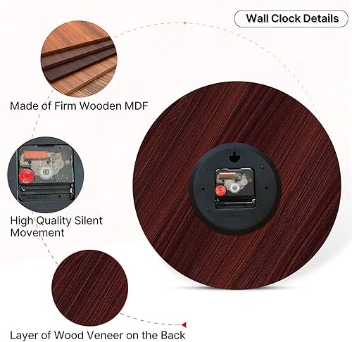Miniatura 4 de Toudorp Reloj de pared para el hogar de 14 pulgadas, silencioso, sin tictac, reloj de pared de madera, redondo, funciona con pilas, decorativo, para