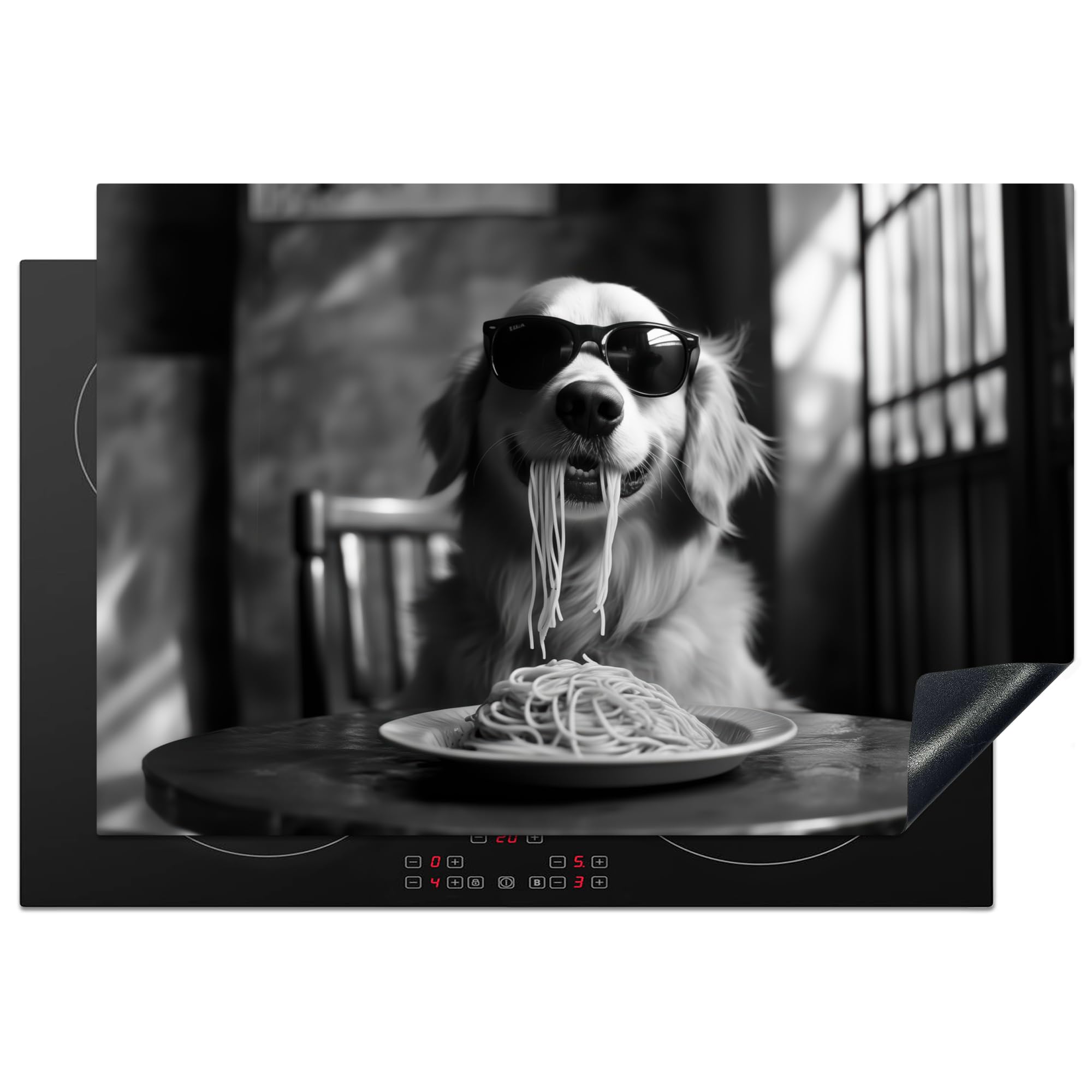 KitchenYeah© Induction Hob Cover Protector Mat 20.1"x30.3" / 77x51 cm Kitchen Universal Ceramic Covers for Electric Cookers Vinyl Golden Retriever - Dog - Cheerful - Plate Spaghetti