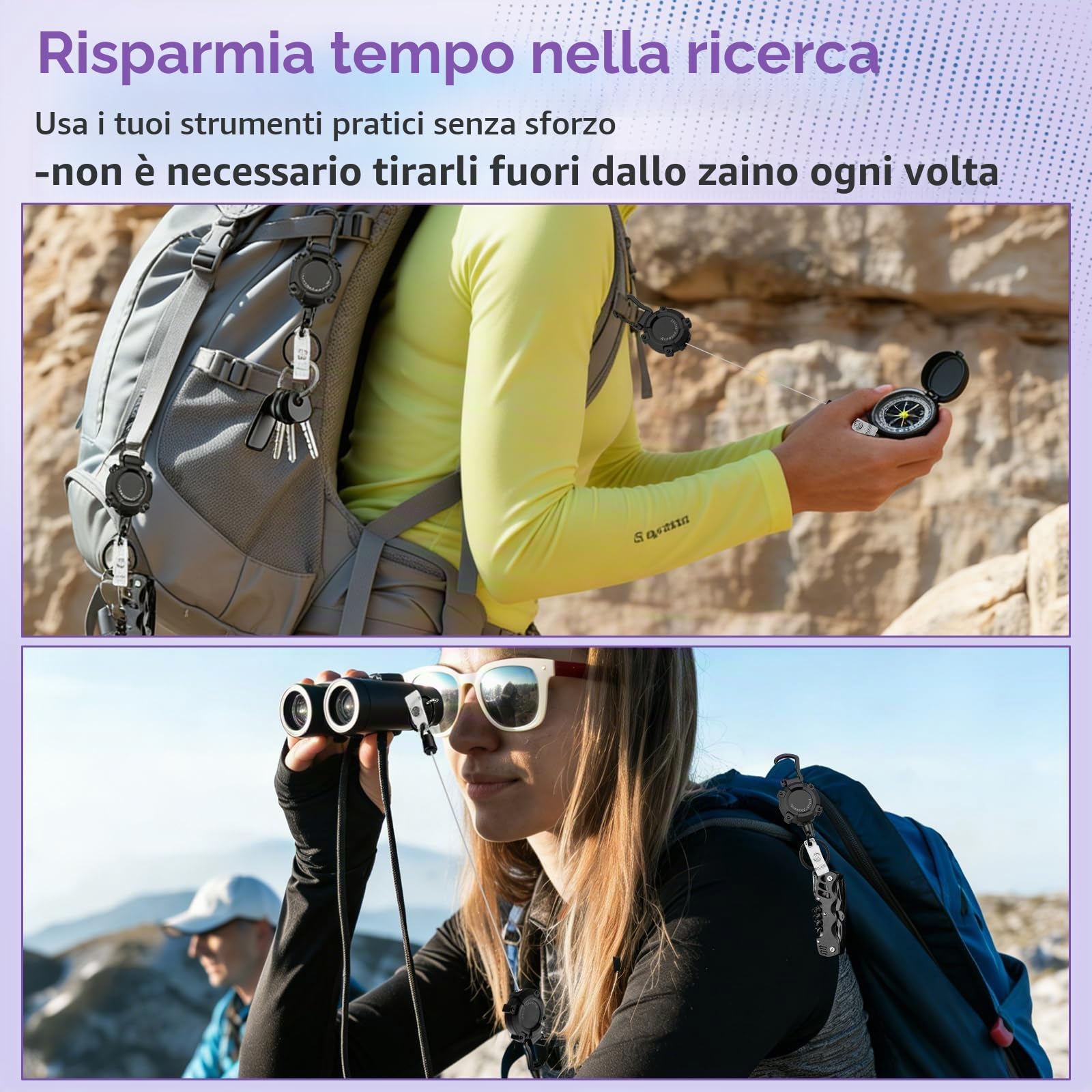 Porta badge retrattile 2 pezzi portachiavi allungabile filo acciaio 80 cm per campeggio escursionismo