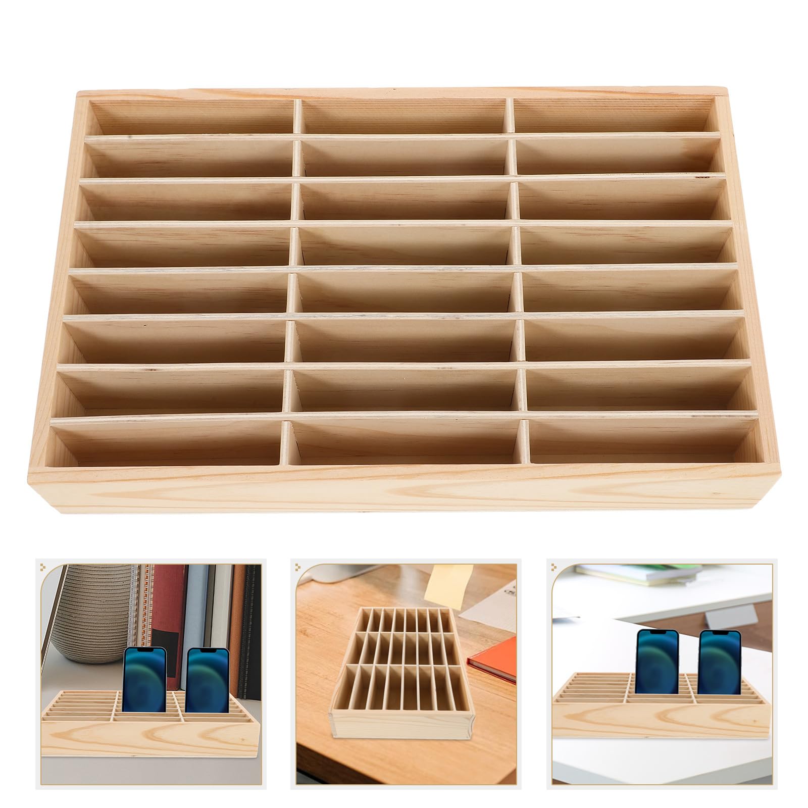 CALLARON Scatola di Immagazzinaggio in Legno Scomparti Multipli per Organizzare Cellulari e Cards, Organizer Scrivania Semplice alla Moda per Decorazioni Scuola e Ufficio