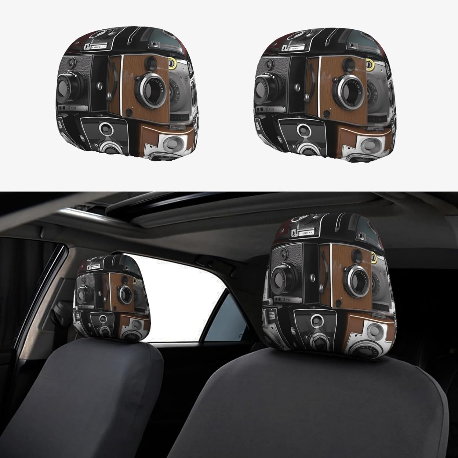 Retro Cool Camera Collection Car Headrest Cover 2 PCS, Funny Auto Front Seat Head Rest Protector, Universal Car Headrest Protector Elastic, Personalized Seat Cover Headrest Trim for Most Cars