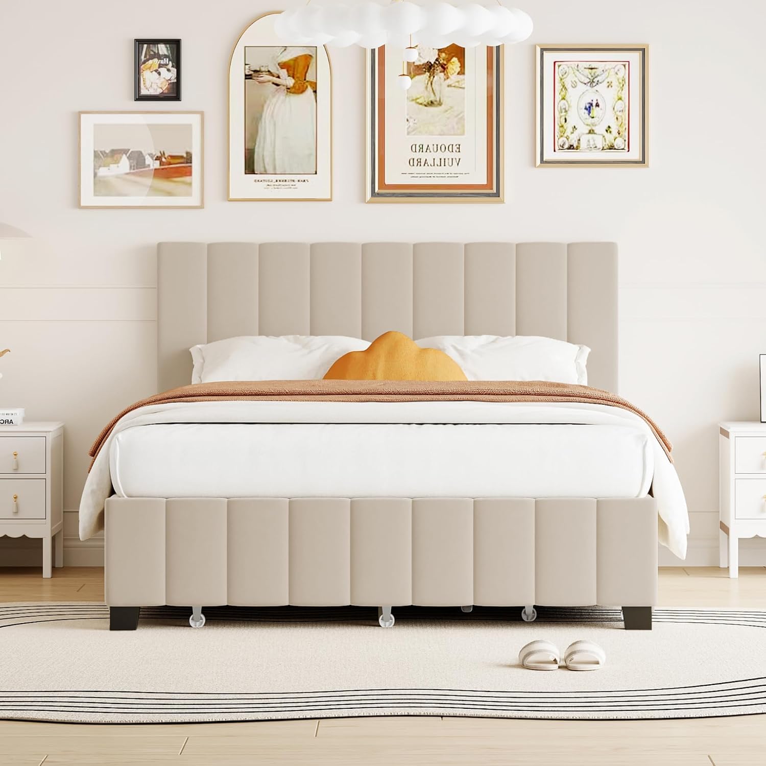 Ball & Cast Queen Size Bed Frame with 2 Drawers and 1 Twin XL Trundle,Velvet Upholstered Platform Bed with Channel Tufted Headboard,Wood Slats Support,No Box Spring Needed,Beige