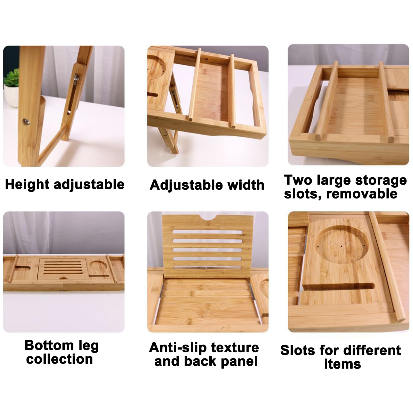 Bandeja de bambú para bañera, bandeja de mesa de baño de bambú con patas de mesa, soporte para libros y copas de vino, bandeja retráctil para bañera de lujo, spa o lectura